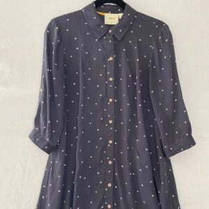 Maeve Anthropologie Long Sleeve Long Shirt Dress Navy White Polka Dot Size Small